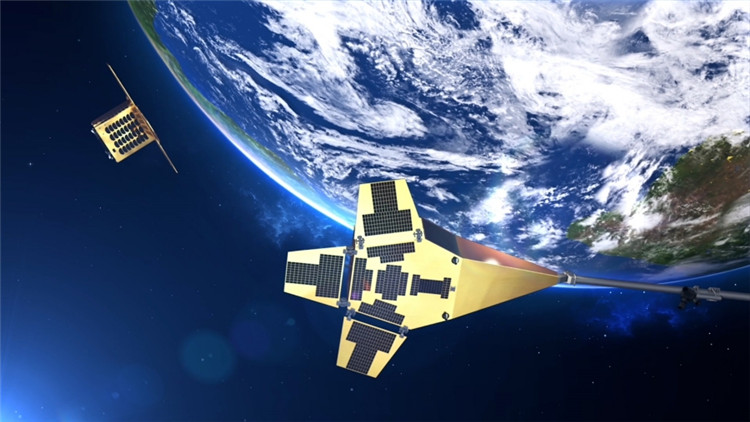 “澳科一号”卫星在轨示意图（右为A星、左为B星）。澳门科技大学视频资料截图