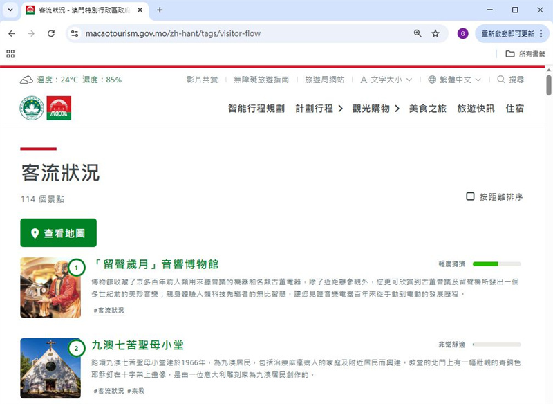图为澳门“智慧客流应用”可查看114个景点客流量。澳门特区旅游局供图