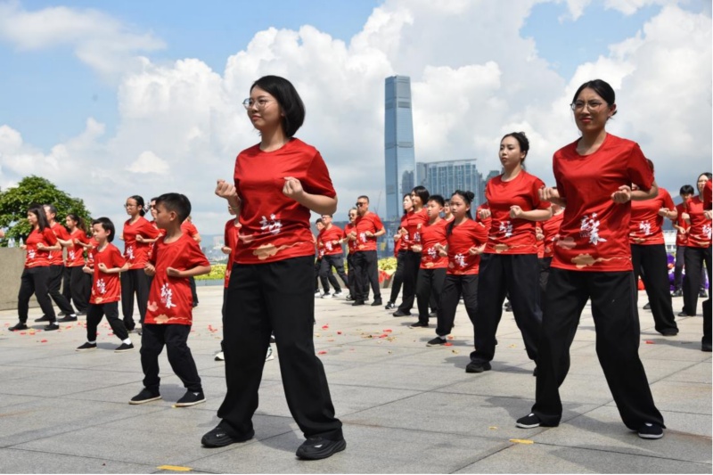 77名咏春拳习练者在香港添马公园齐打咏春拳。主办方供图