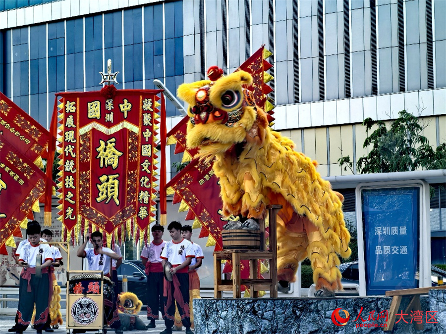 这是10月23日在深圳市宝安区会展湾会展公园拍摄的福海桥头醒狮民俗展演。桥头醒狮为广东省非物质文化遗产，技艺传承自清代。人民网 李晋宇摄